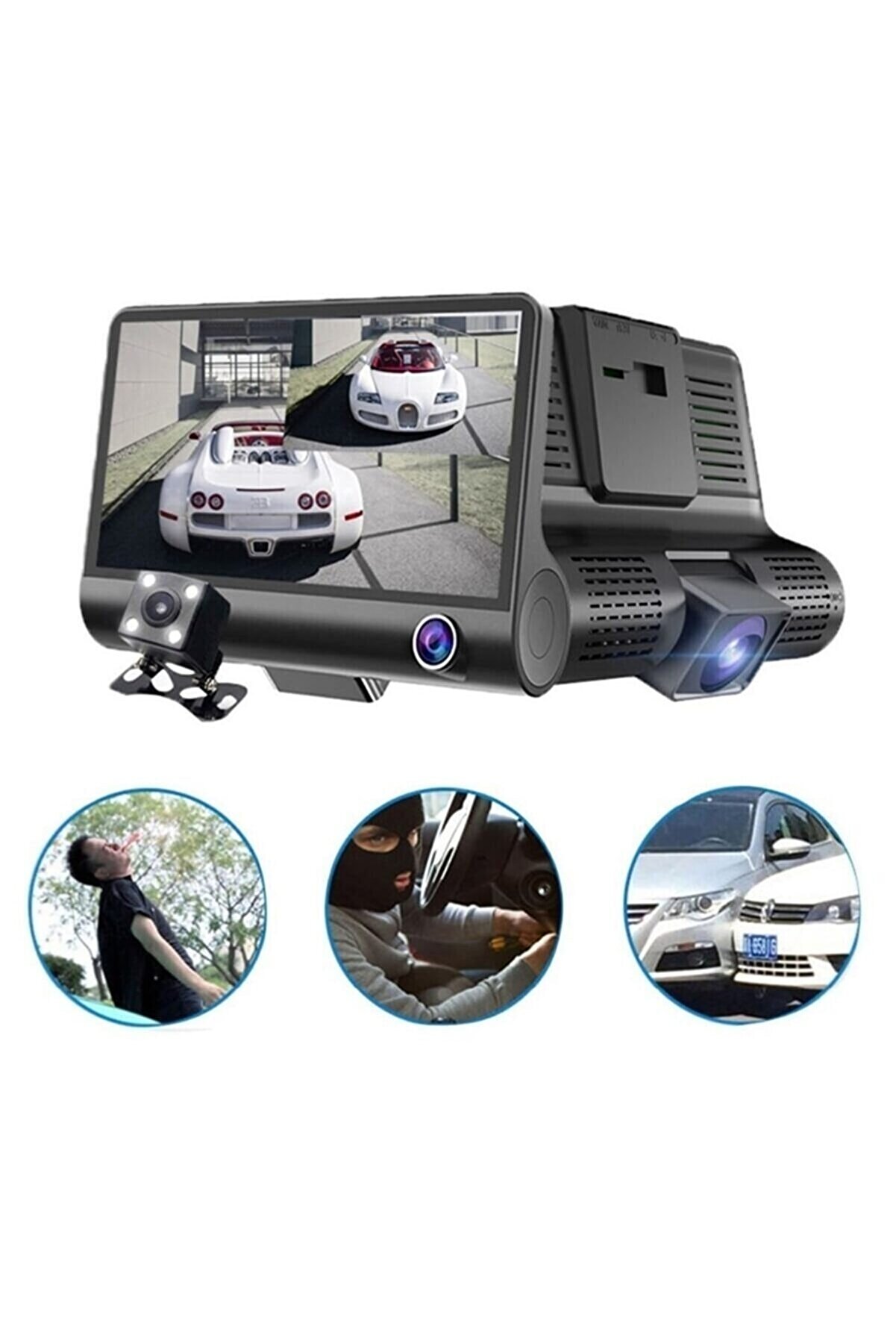 Büyük Ekranlı Full Hd Uyumlu 3 Kamera Aynı Anda Kayıt Ön Arka İç Araç Kamerası