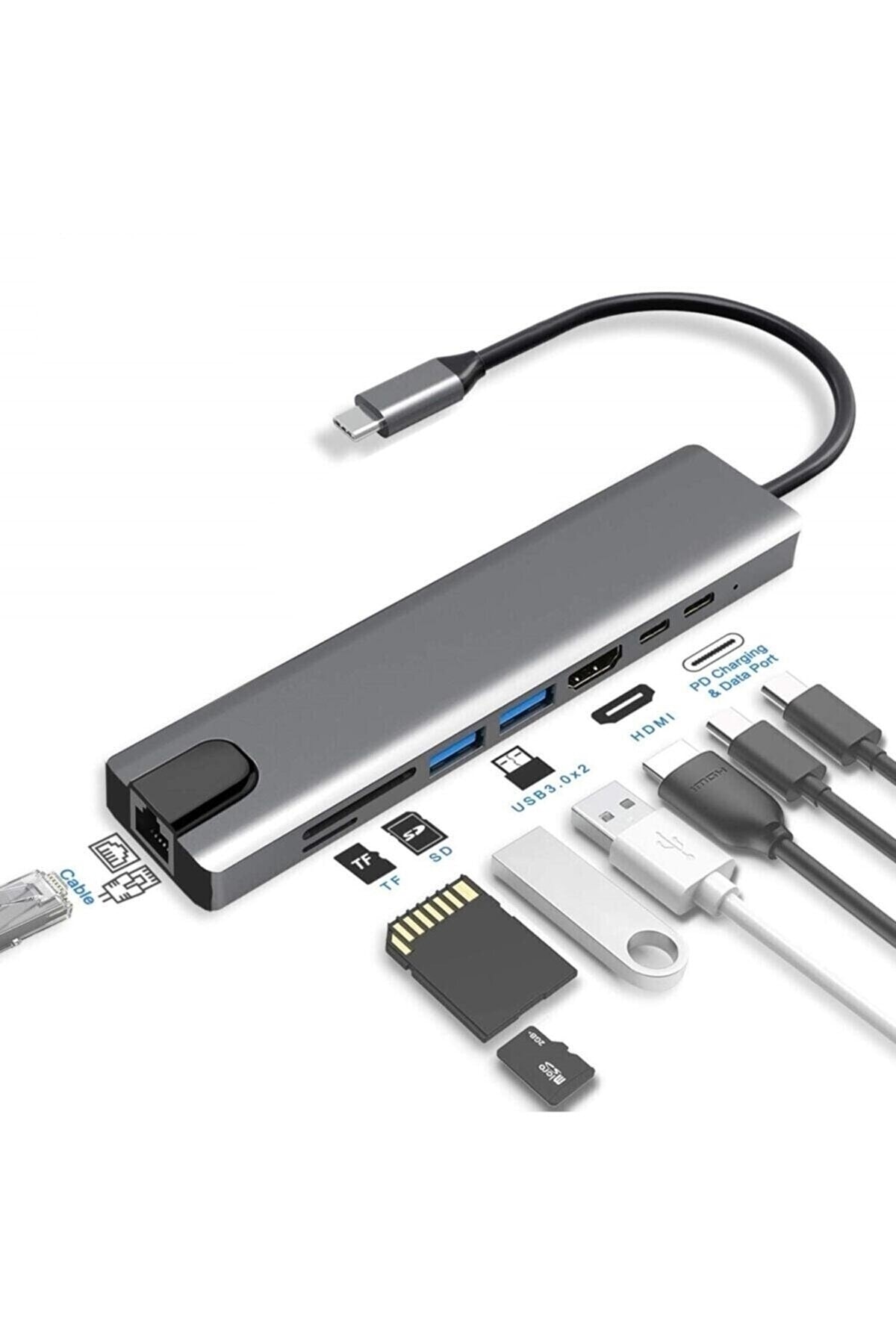 Type-c Çoğaltıcı 8 In 1 Ethernet Sd Usb Hdmı 45rj C-8in1